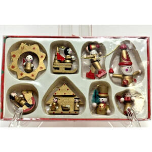 Vtg Wood Christmas Ornaments Small Mini Red Gold Set of 8 Hand Painted